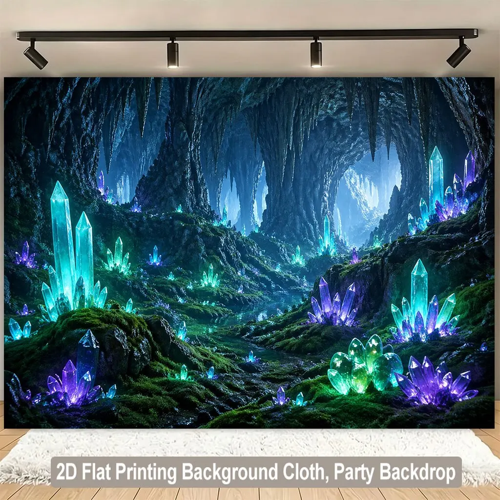 Vibrant Mystical Crystal Cave Tapestry Wall Hanging Glowing Gemstone Cavern Background Blue Fantasy Decor Art Print for Home Par