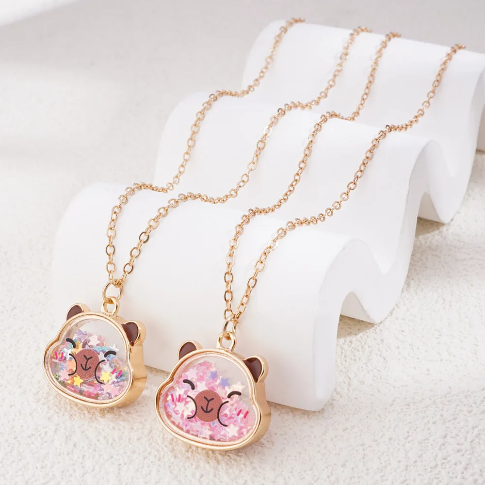 A Girl 1Pcs Cute Animal Series Capybara Sequin Pendant Necklace for Girls Fashion Birthday Party Gifts