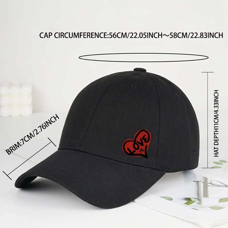 A Baseball Cap Featuring a Side Heart Design And Love Print, Soft, Comfortable, Lightweight, And Durable, Suitable for Everyday