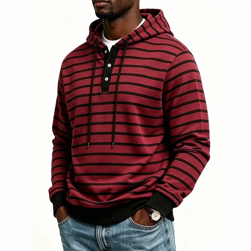 For Henley Button Placket Hoodie for Men Striped Design Drawstring Hood Sweatshirt Pullover Long Sleeve Autumn Wear