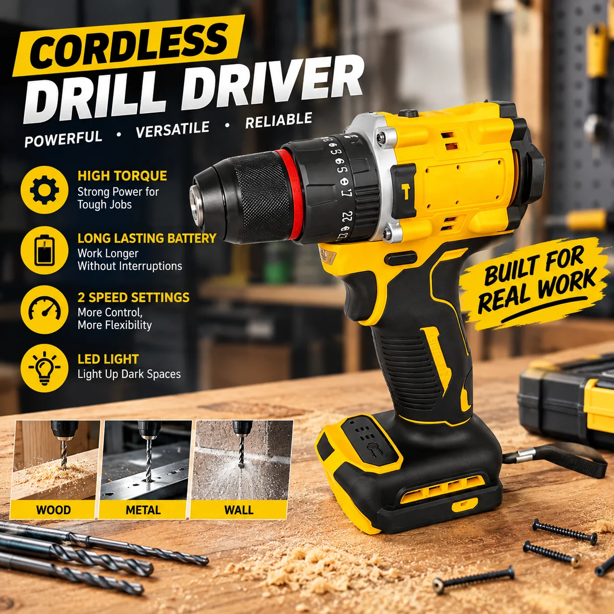 Compact Cordless Brushless Impact Drill LED Light Powerful Multi-functional Electric Power Tool 20V Battery