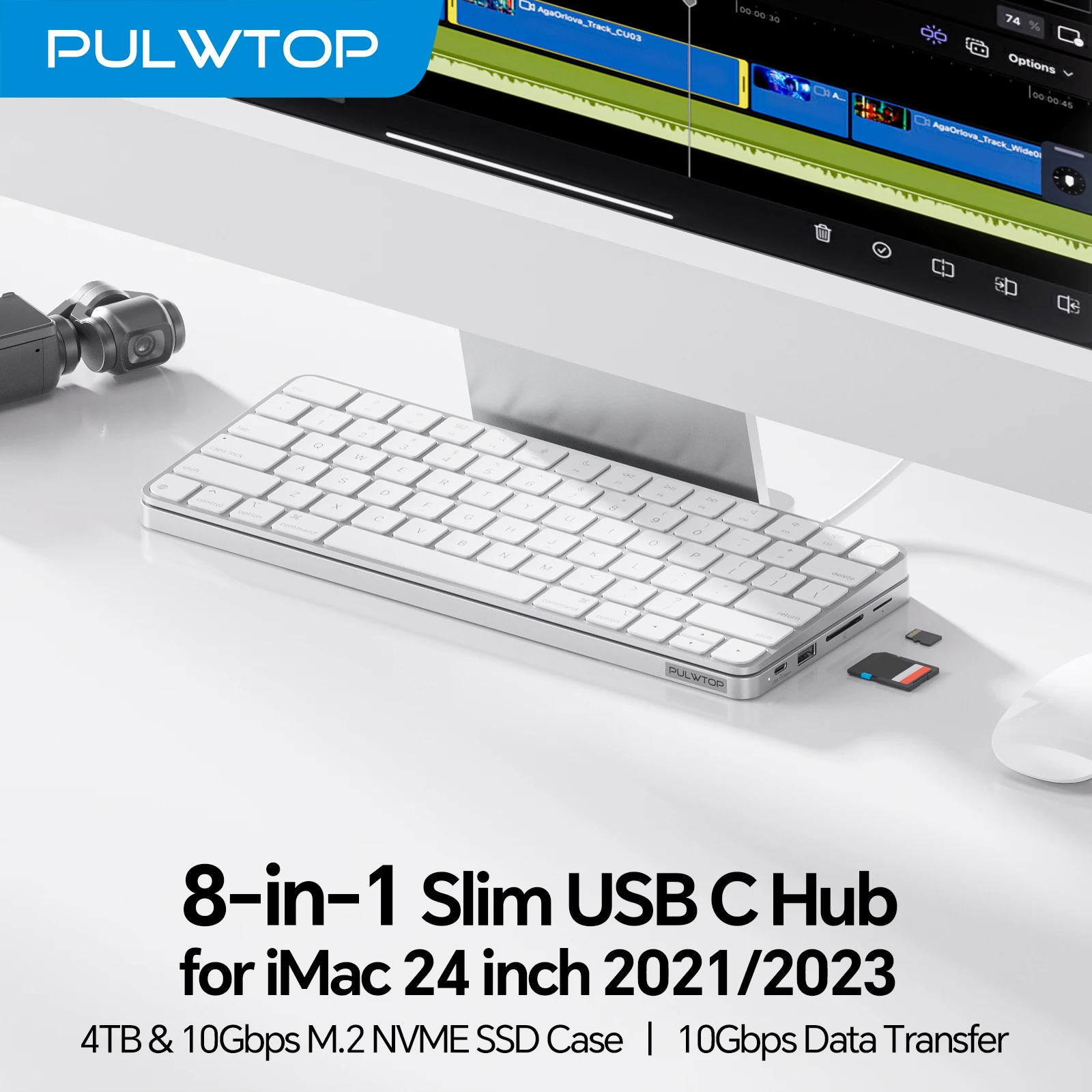 PULWTOP iMac USB C Hub with M.2 SSD Expansion (SSD Not Included), USB A/C 3.2 10Gbps, USB A 2.0, SD/TF for iMac 24 inch M1 M3 M4