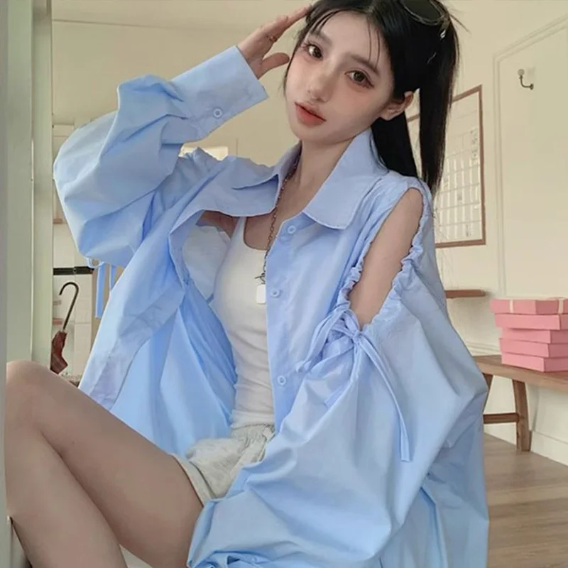 

Spring Summer New Chic Off Shoulder Drawstring Solid Color Loose Shirt Women Vintage Casual Long Sleeve Tops