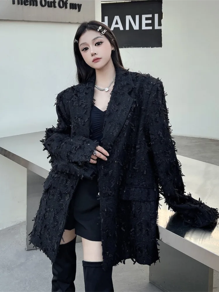 UNXX French-Style Eyelash Tassel Design Black Blazer, Fashionable Vintage Jacket for Spring/Autumn Women Female Office Lady Top