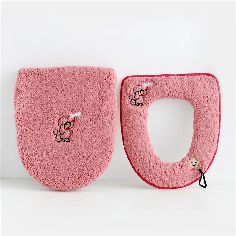 Autumn Winter Plush Warm Toilet Cover Two-piece Set Home Bathroom Toilet Seat Cushion Waterproof Zipper Toilet Ring With Handle