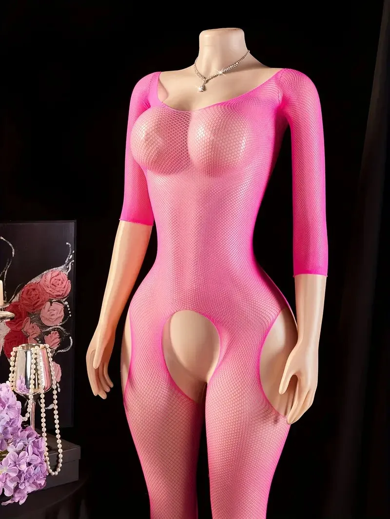 Artı boyutu file tayt erotik Crotchless iç çamaşırı kadın Slash boyun tam vücut çorap örgü şeffaf çorap seksi külotlu