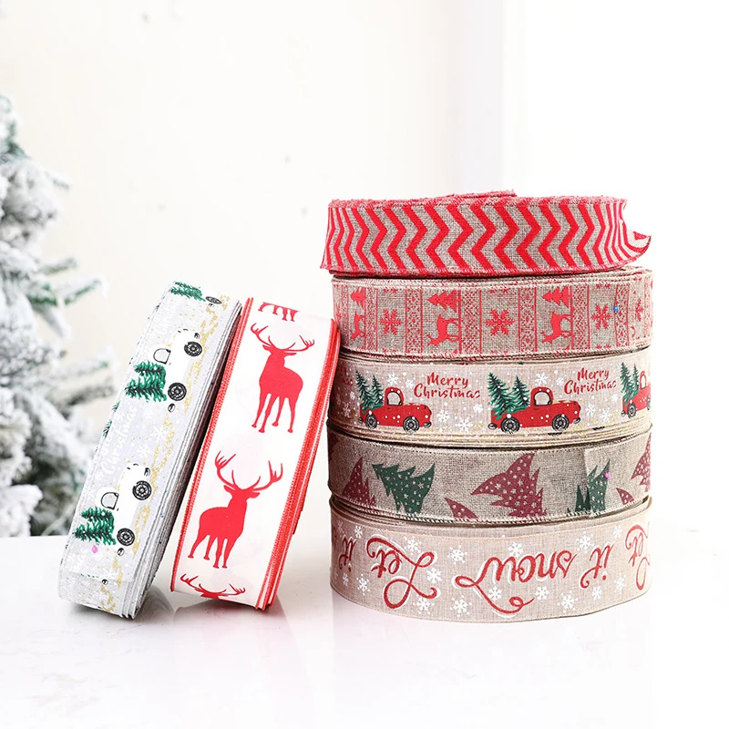 2M Christmas Linen Ribbons Merry Christmas Snowflake Deer Printing Ribbon For DIY Decorations Ornaments Gift Packaging Wrapping