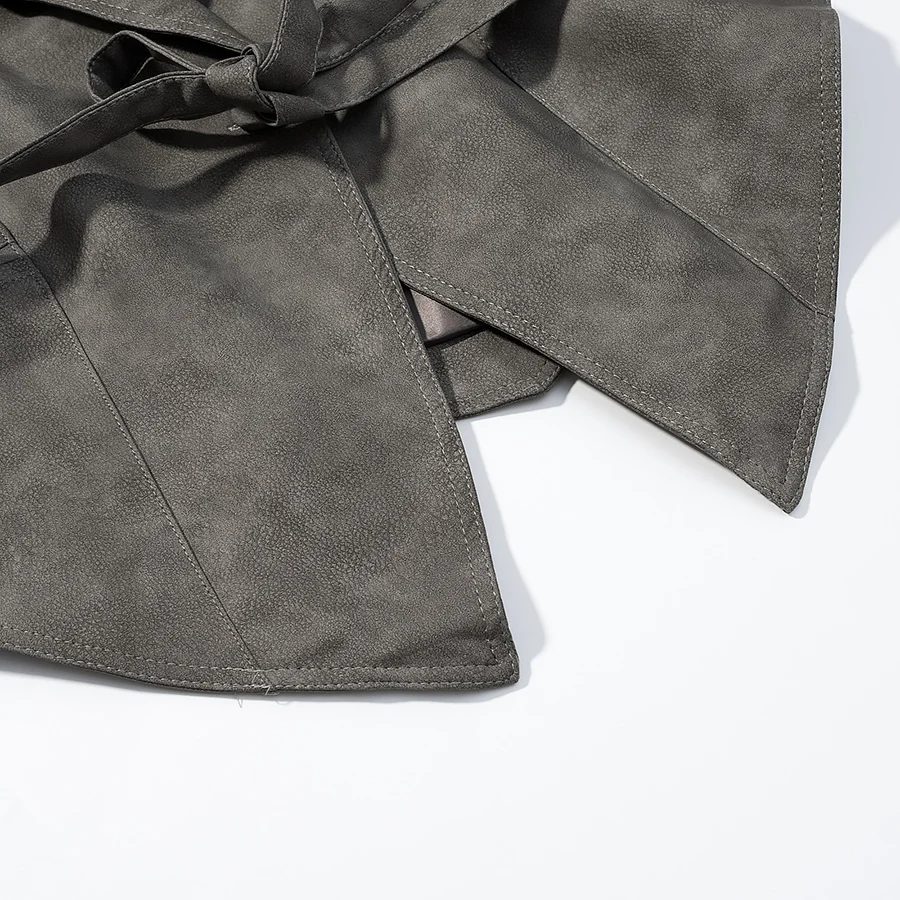 جديد الخريف Vintage المرأة غسل رمادي بولي Leather سترة جلدية التلبيب طوق التعادل القوس الزنانير زر واحد كم كامل معطف ملابس خارجية قصيرة