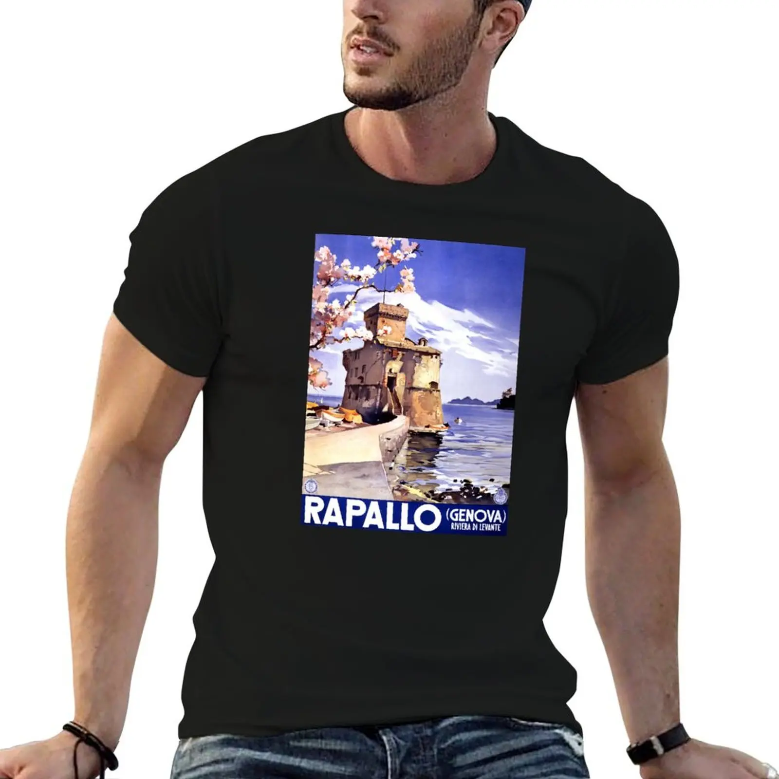 Rapallo Genova Itália Camiseta vintage com estampa de pôster de viagem, camiseta masculina, camisetas gráficas, algodão 100%