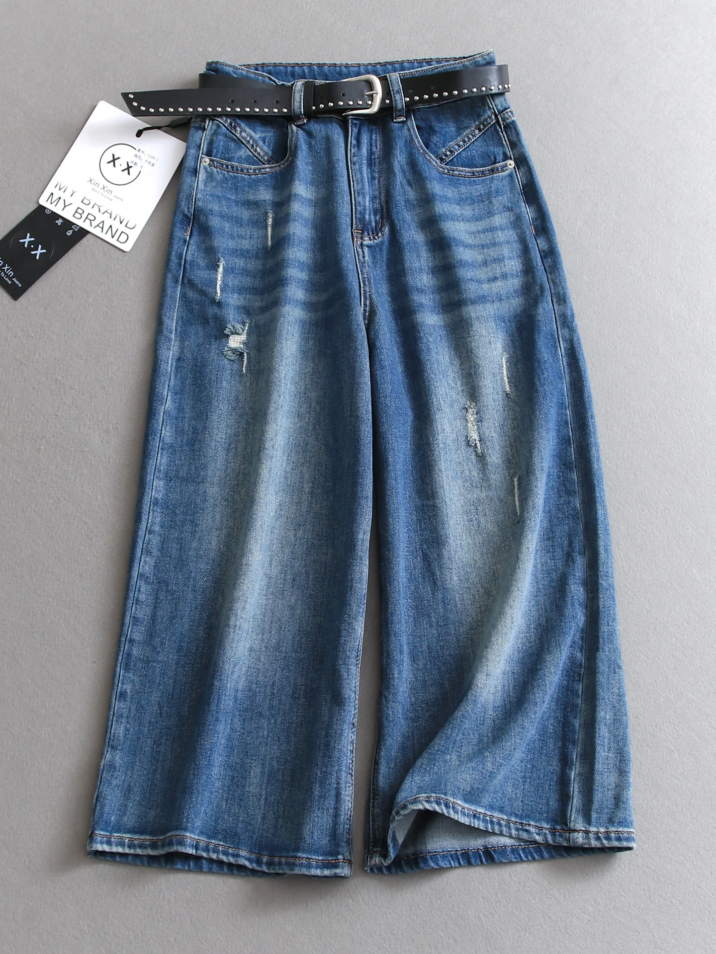 

High Waist Wide Leg Jeans Loose Straight Cut Denim Skinnies Women's Belted Ripped Knee Capri Length Summer Breathable Cotton ...