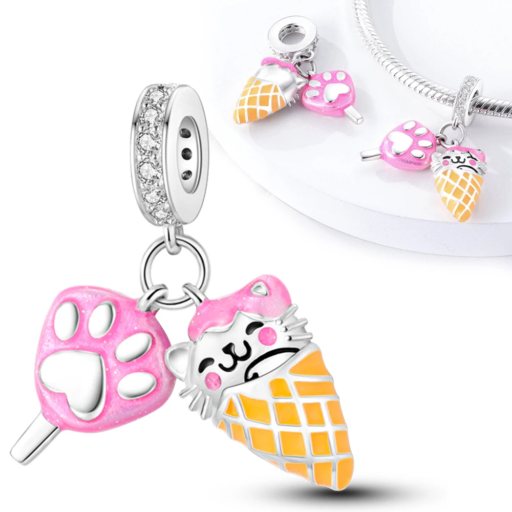 Charms Plata 925 Paw Print Ice Cream Cat Ice Cream Pendants Fit Original 925 Bracelets Charms for Women Jewelry DIY Making Gifts
