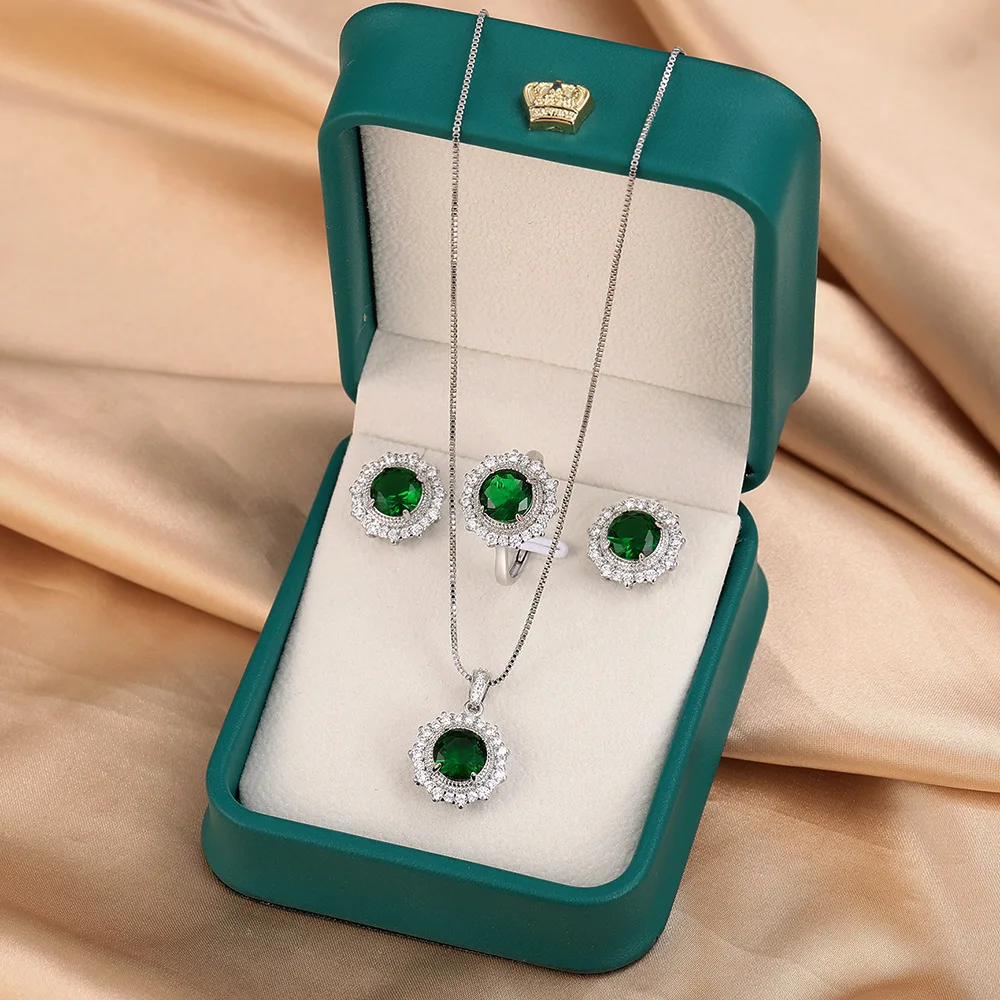 Round Green Simulated Nano Emerald 925 Sterling Silver Ring+Necklace+Earring Halo Gemstone Flower Jewelry Set for Women Gift