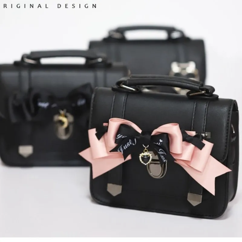 Japanese Bow Black Messenger Bag Women JK Uniform Handle Square Crossbody Bags Ladies Vintage Lolita Shoulder Bags Aesthetic