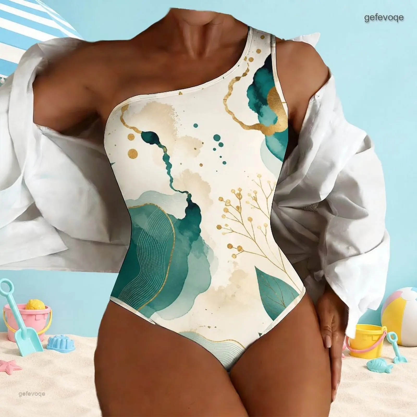 One Shoulder One Piece Asymmetric Neck Printed Swimsuit for Women