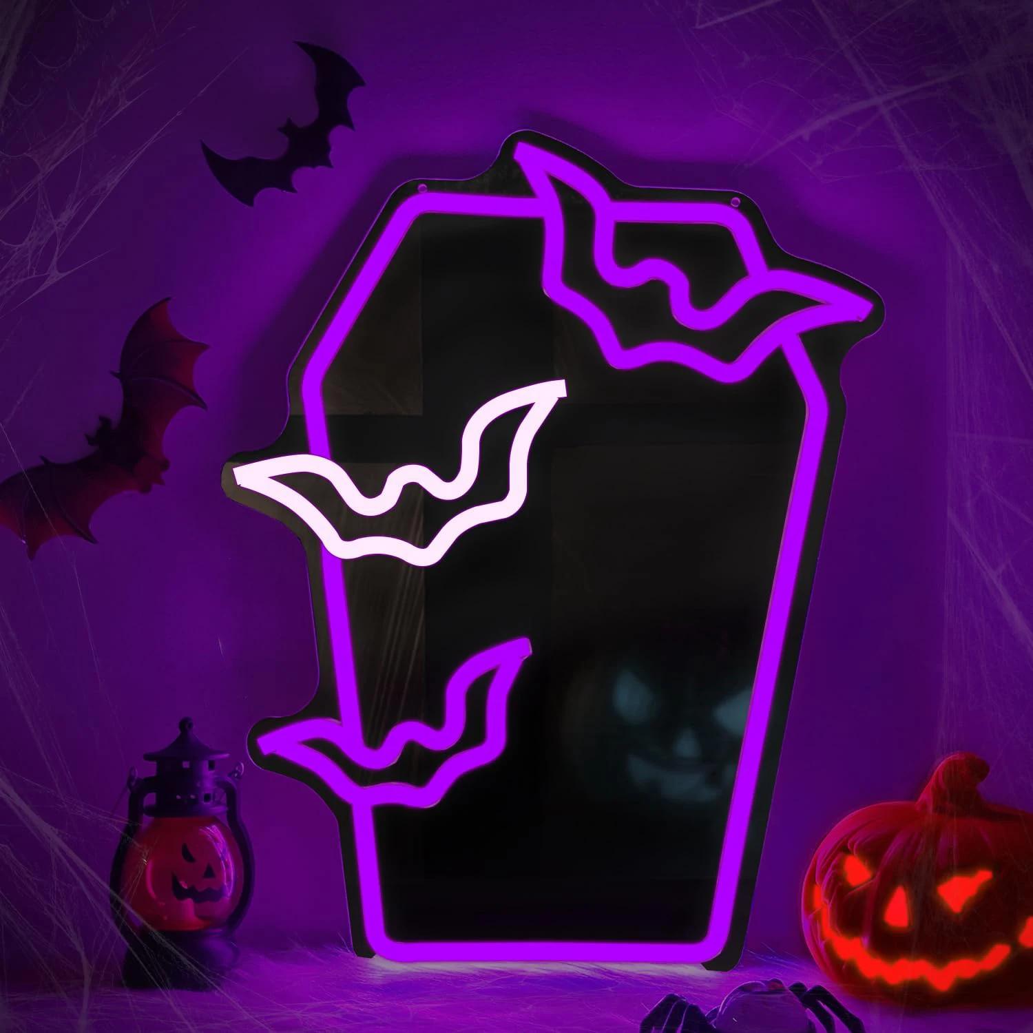 ハロウィンコウモリミラーネオンサイン調光可能ライトアップサイン壁飾りゴシックテーマledフライングバットサインハロウィン誕生日プレゼント