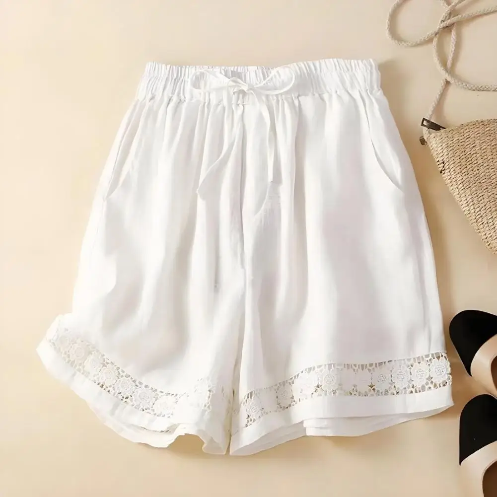 Lightweight Summer Shorts Women’s Boho Summer Shorts High-waisted Wide-leg Lace Shorts Elastic Waist Drawstring Comfy Bottoms