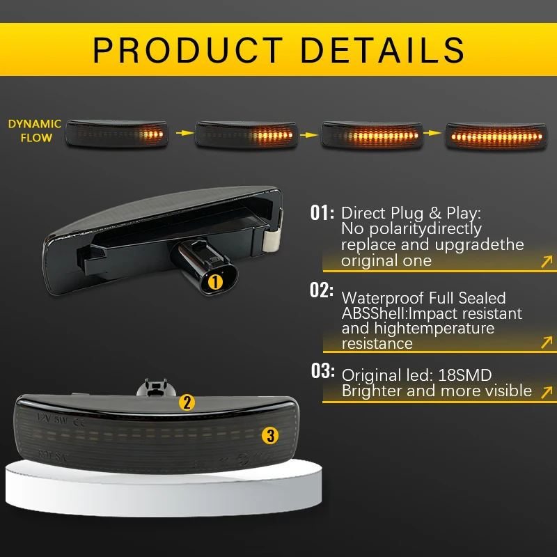 2x Amber Dynamic LED Front Side Marker Turn Signal Light Lamp For Land Rover Range Rover Sport L320 Discovery 3/4 Freelander 2