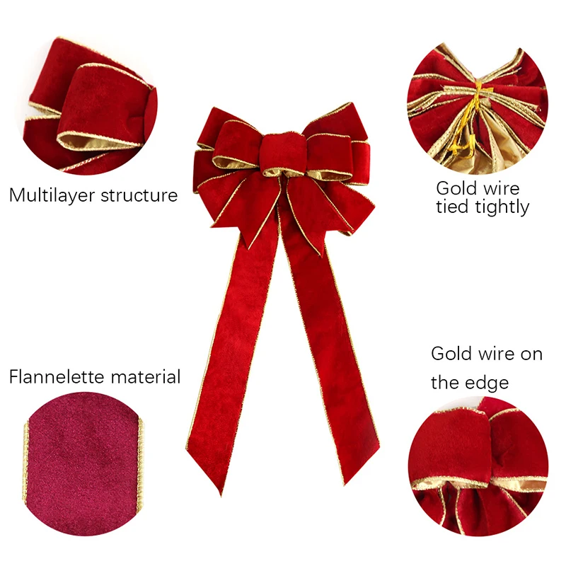 Red Christmas Bows Ribbon Outdoor Front Door Home Decorations Large Christmas Tree Top Bow Velvet Wreath with Glitter Gold Edge