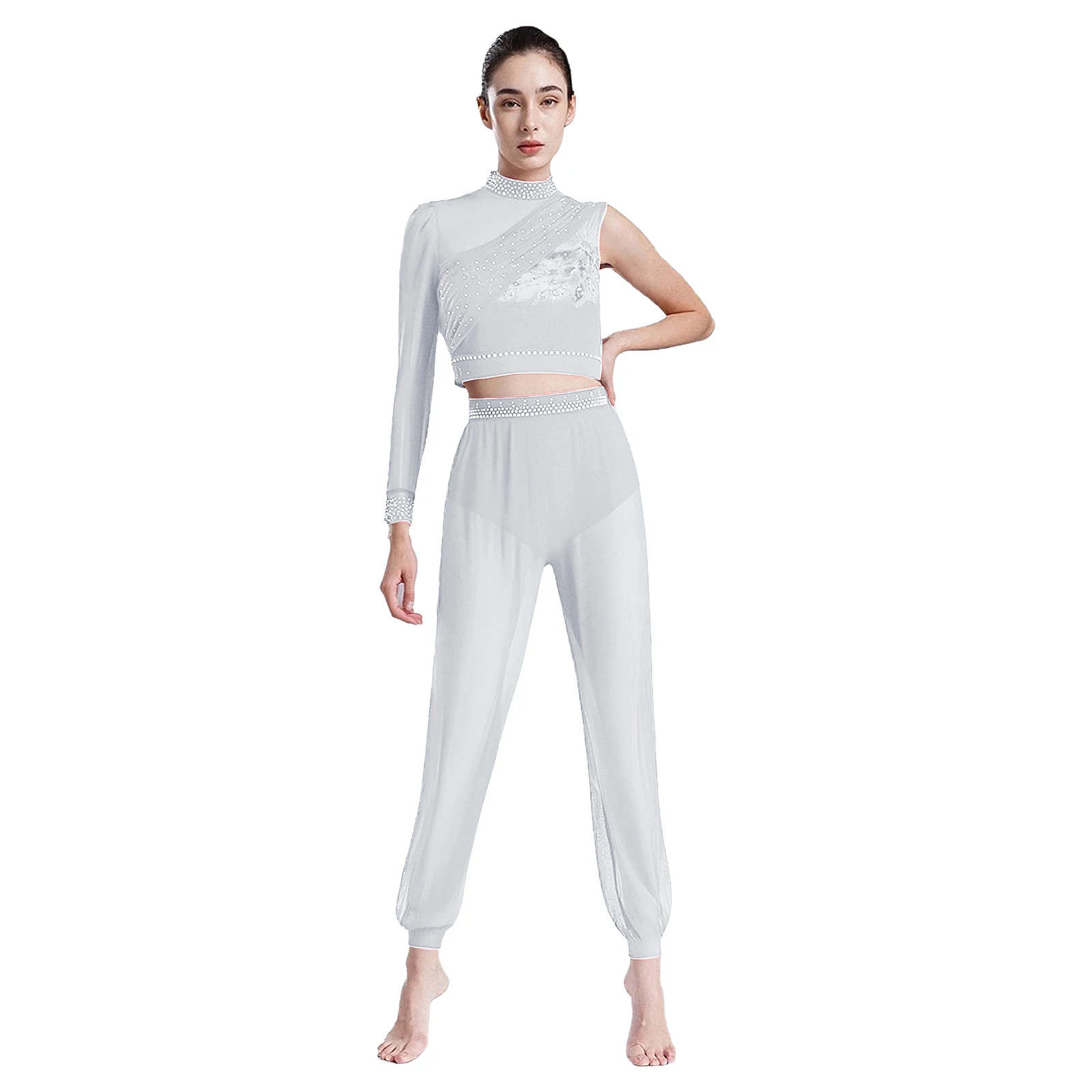 

Women Jazz Belly Dance Outfits Backless Asymmetrical Crop Top and Mesh Long Pants Glittery Rhinestones Modern Dancewear Set