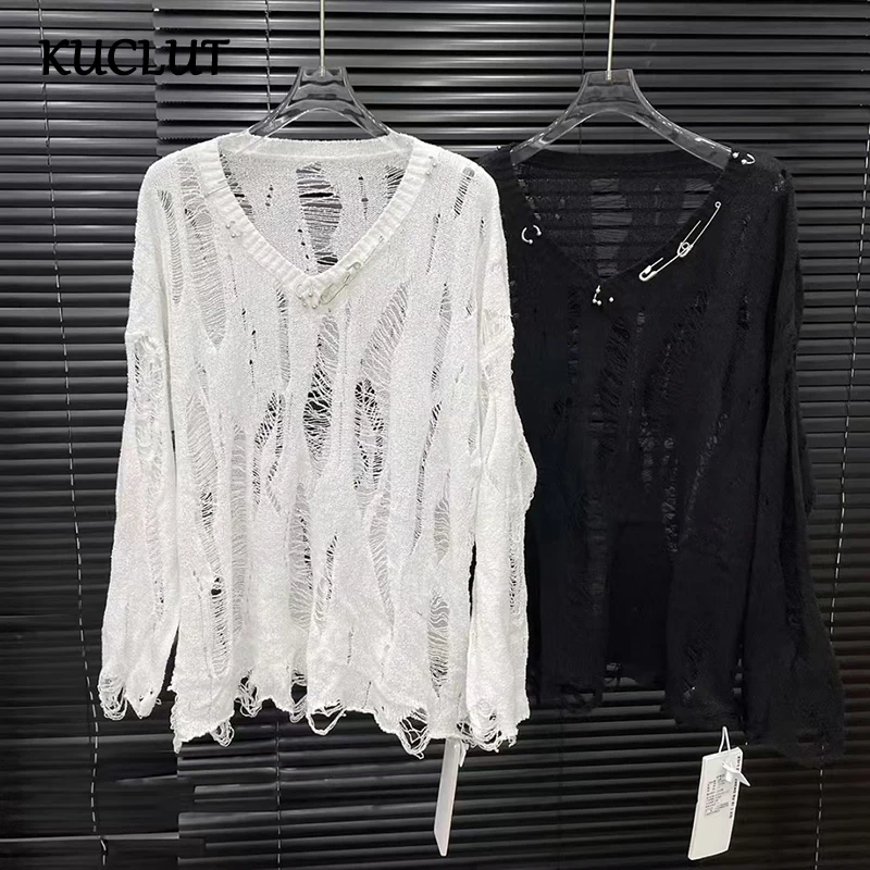 

KUCLUT 2025 Autumn New V-Neck Knitted Sweater Hollow Out Long Sleeve Pullovers For Women Loose Casual Style Pin Top Female 1A346
