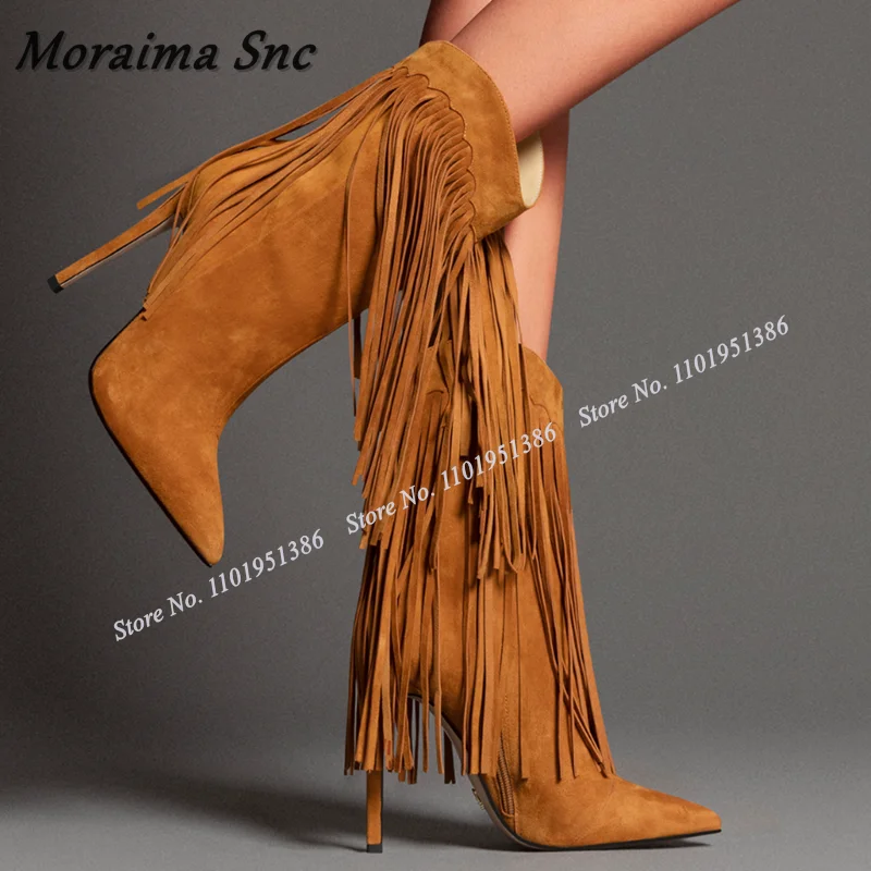 

Moraima Snc Mid Calf Fringe Decor Boots Solid Side Zipper Boots Pointed Toe Shoes for Women High Heels Fashion Zapatillas Mujer