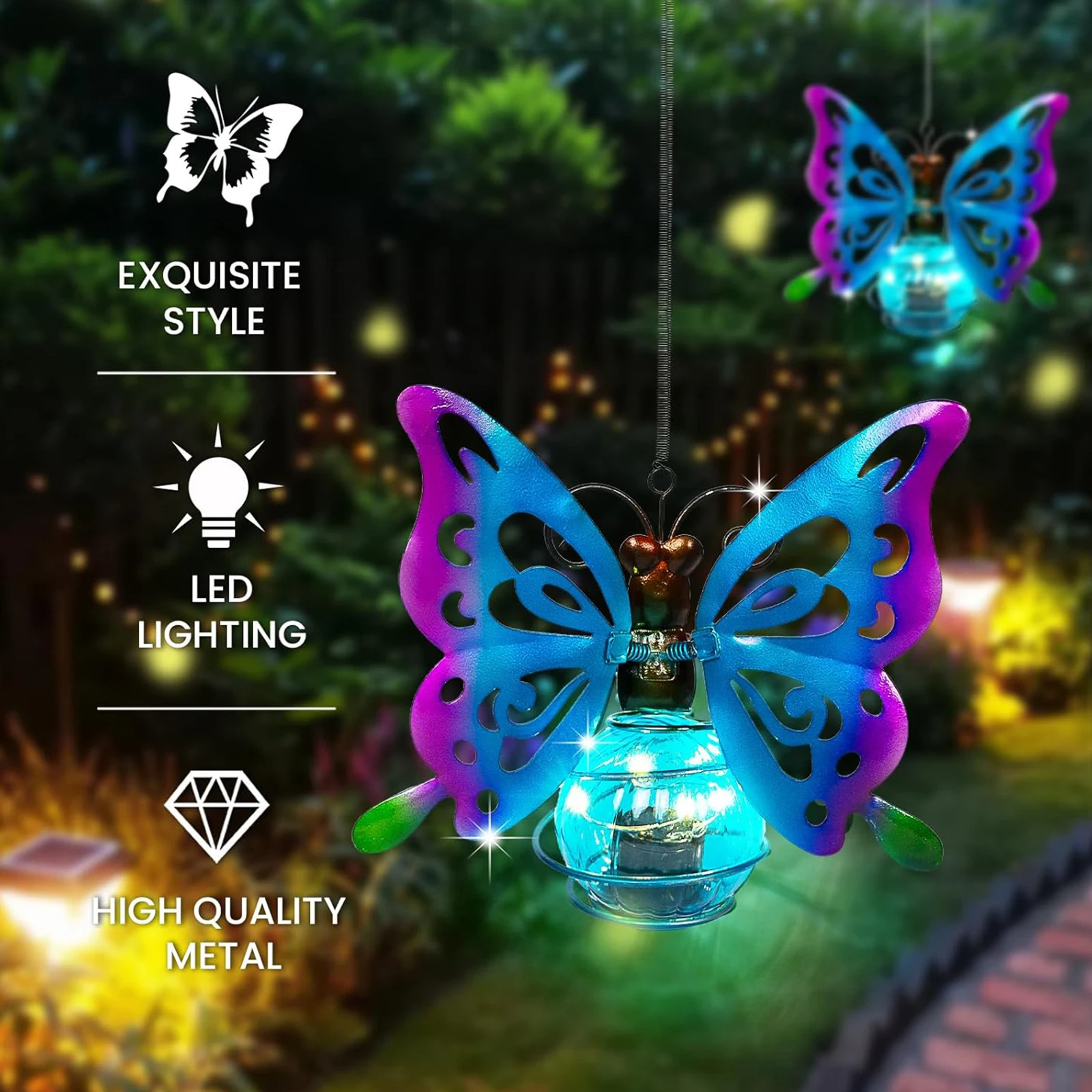 Butterfly Solar Lanterns for Outdoor Use Iron Hanging Light with Fluttering Spring Motion Effect Butterfly Solar Hanging Lights
