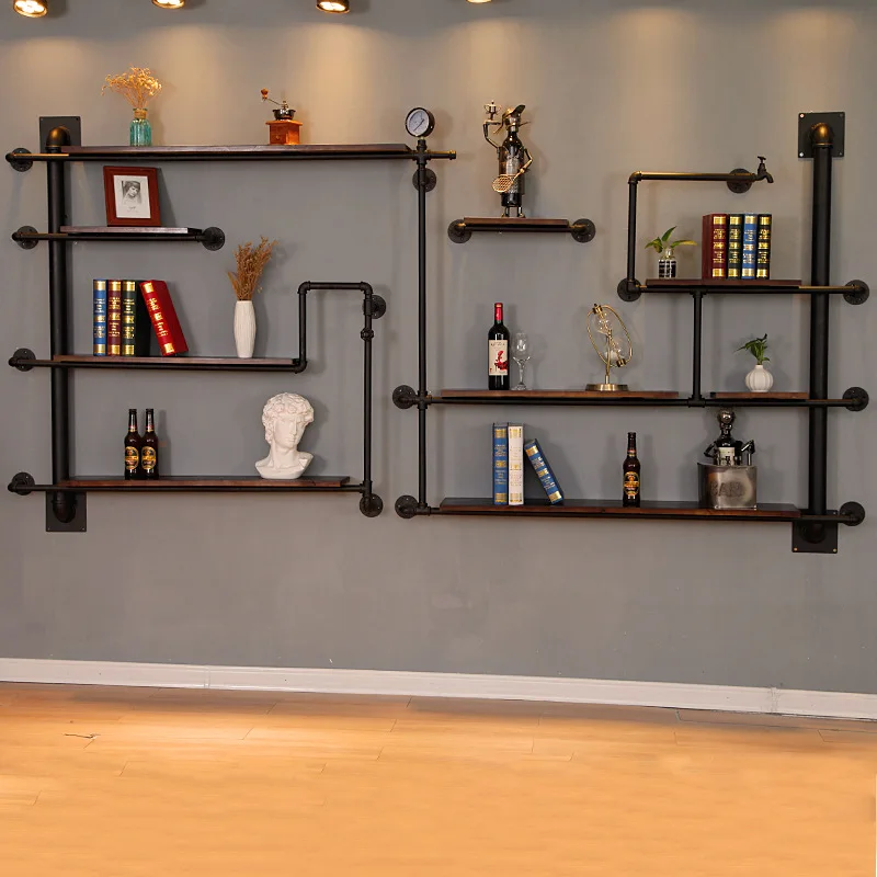 

Retro industrial style wine rack wall shelf wrought iron water pipe bookshelf creative wall decorative rack wall hanging