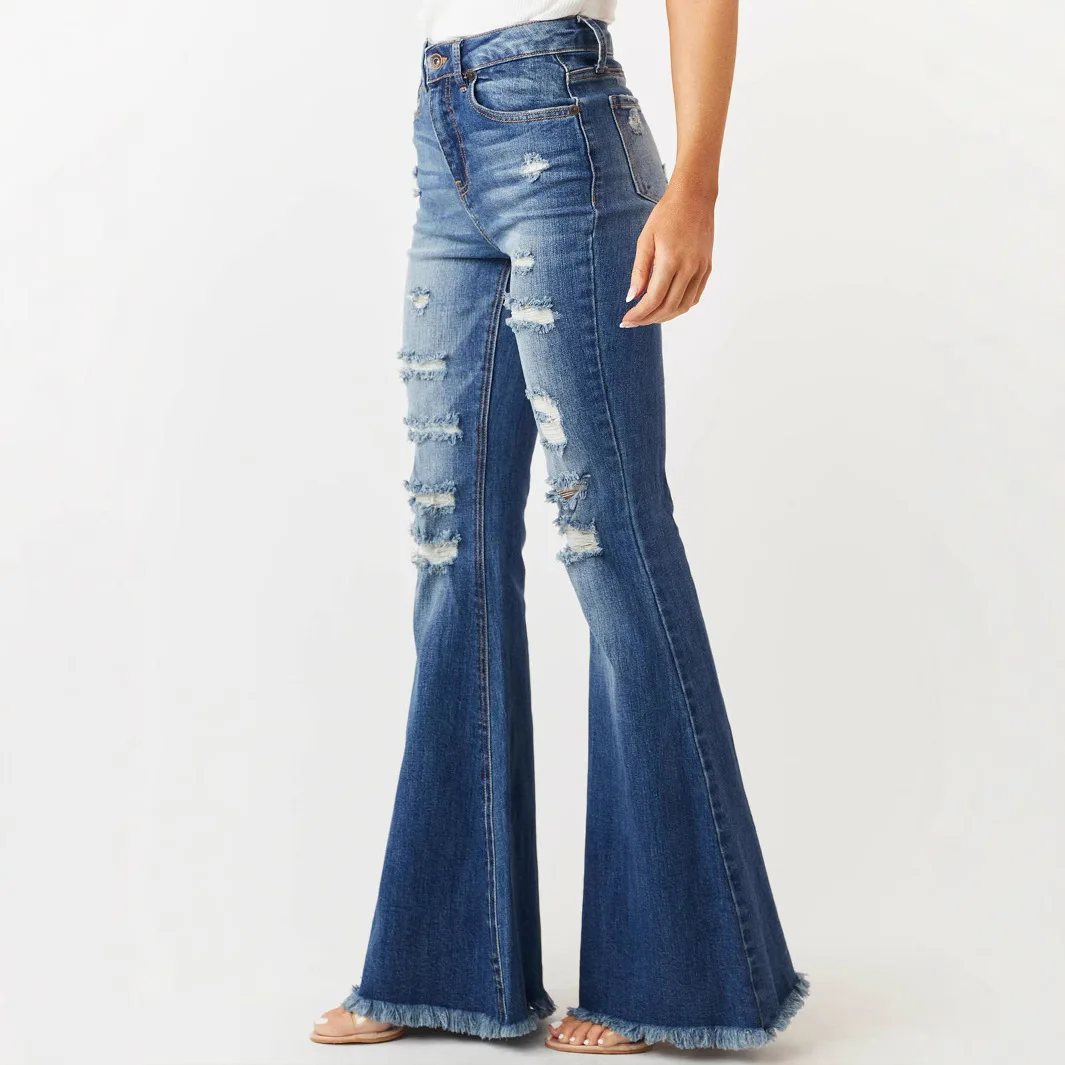 2025 Fall Women's Distressed Mid-Rise Flare Jeans - Stretch Retro Bootcut Denim with Fringe