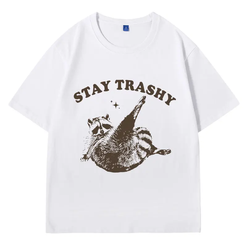 Vintage 9Os Funny Racoon T Shirt Y2k Clothes Boho Aesthetic Cute Stay Trashy T-shirt Funny Meme Oversized Cotton Short Sleeve