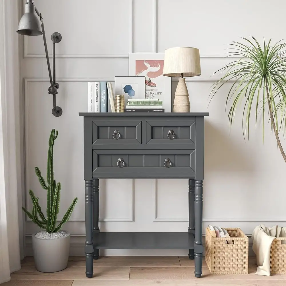 Rustic Small ole Table Entryway Table with Storage, Gray | Skinny Wood ole Table w/ 3 Ders & Open Bottom Shel, Narrow Soa Side T