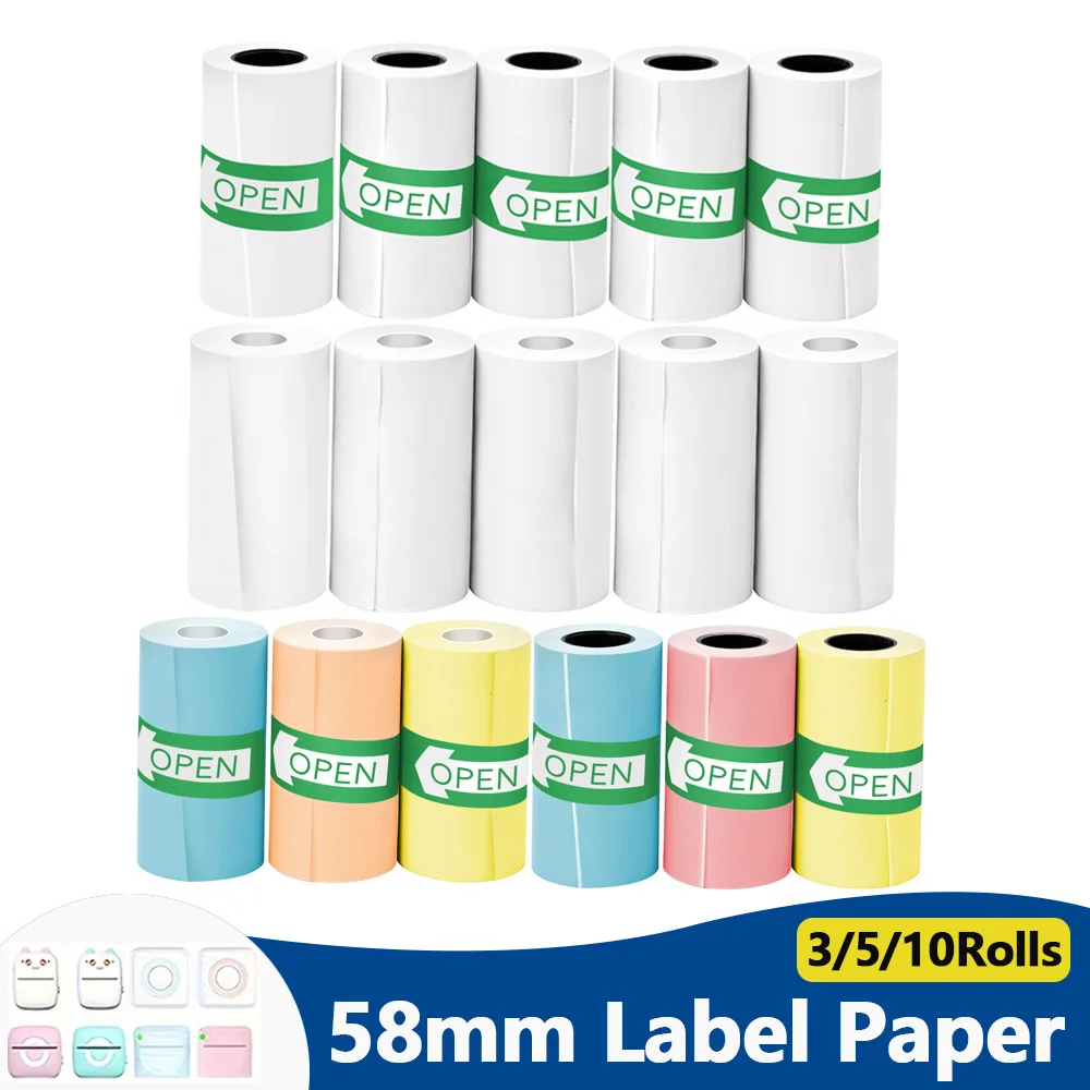 58mm White Label Thermal Paper 3/5/10 Rolls Self-Adhesive Color Label For Mini Pocket Printer Photo DIY Notes Printing