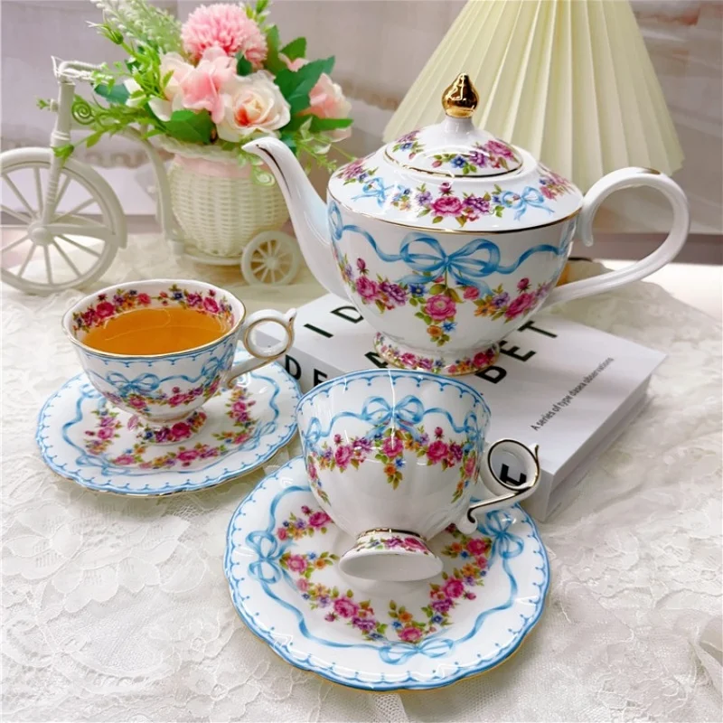 Prince Regent Retro Tea Pot, Tea Cup Saucer Set, Rose Bow Coffee Pot, Coffee Cup Set, Coffeeware for Home Kitchen