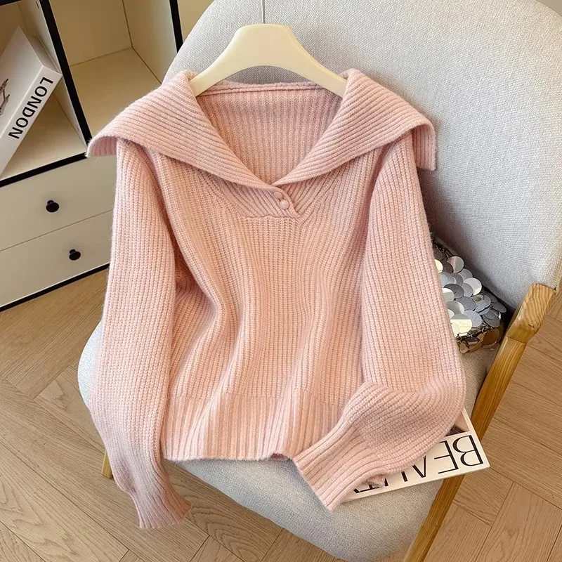 Women's Pink Lapel Knit Sweater 2026 Lazy Style Long Sleeve V-Neck Button Detail Coat Casual Ribbed Pullover for Fall Winter