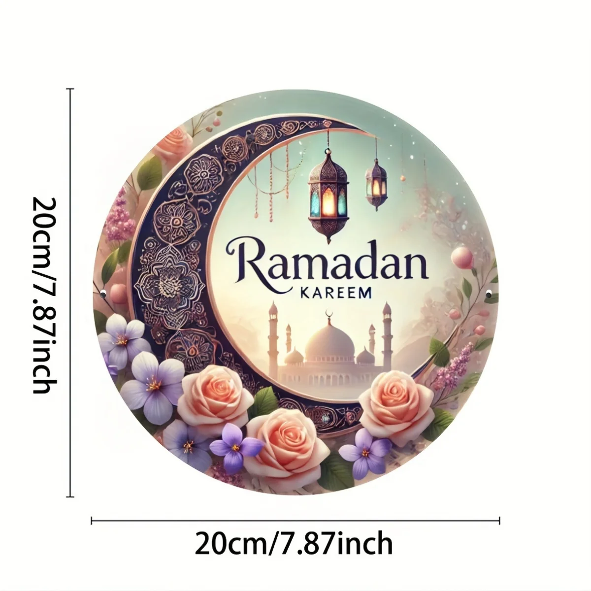 Ramadan Kareem Vintage Castle Lantern Metal Wall Art - 19.81cm Round Aluminum Sign for Christmas, Halloween, New Year Decor - No