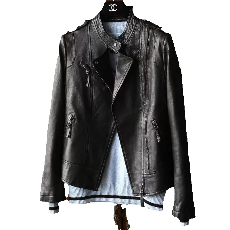 New Genuine Leather Jacket For Women's Short Leather Sheep Leather Slim Fit Motorcycle Leather Jacket For Women