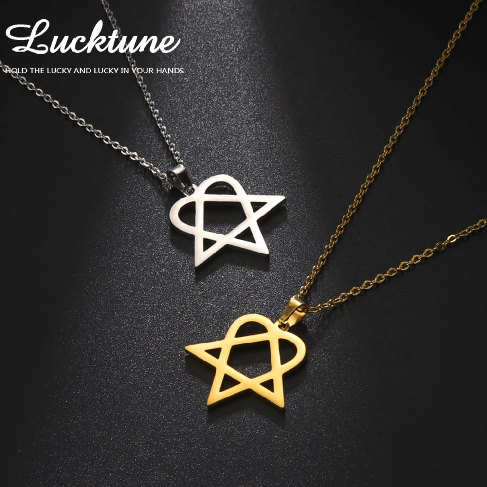 Lucktune Heartagram Star Pendant Necklace Stainless Steel Heart Pentagonal Chain Necklace for Women Couple Jewelry Wedding Gift