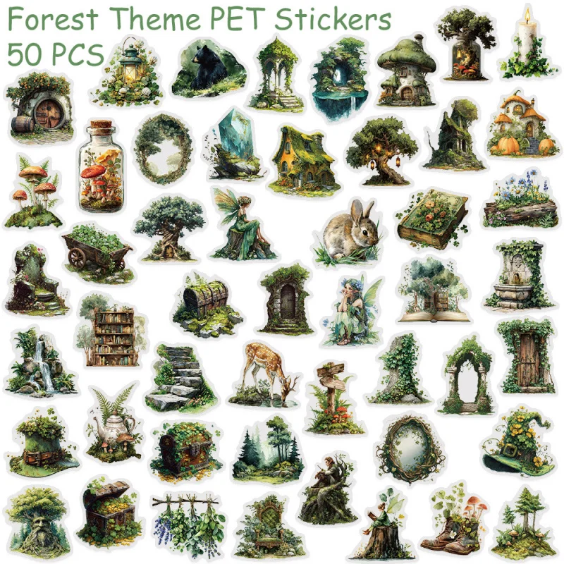 50PCS Forest Style Transparent Stickers Luggage Guitar Skateboard Phone DIY Waterproof Notebook Stickers Cartoon Natural Elf