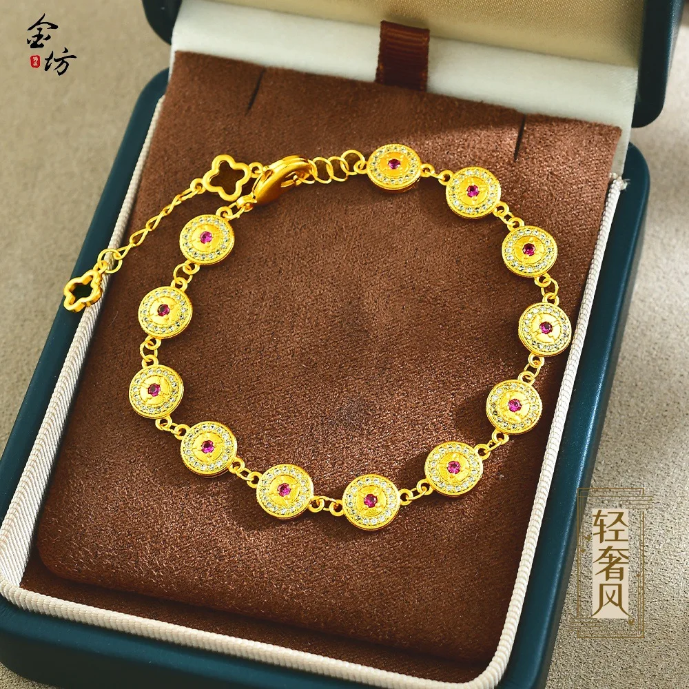 Gold Shop Same Style 9999 24K Real Gold Women's Gold Bracelet Red Diamond Shining Sexy Gift Party Beautiful Jewelry