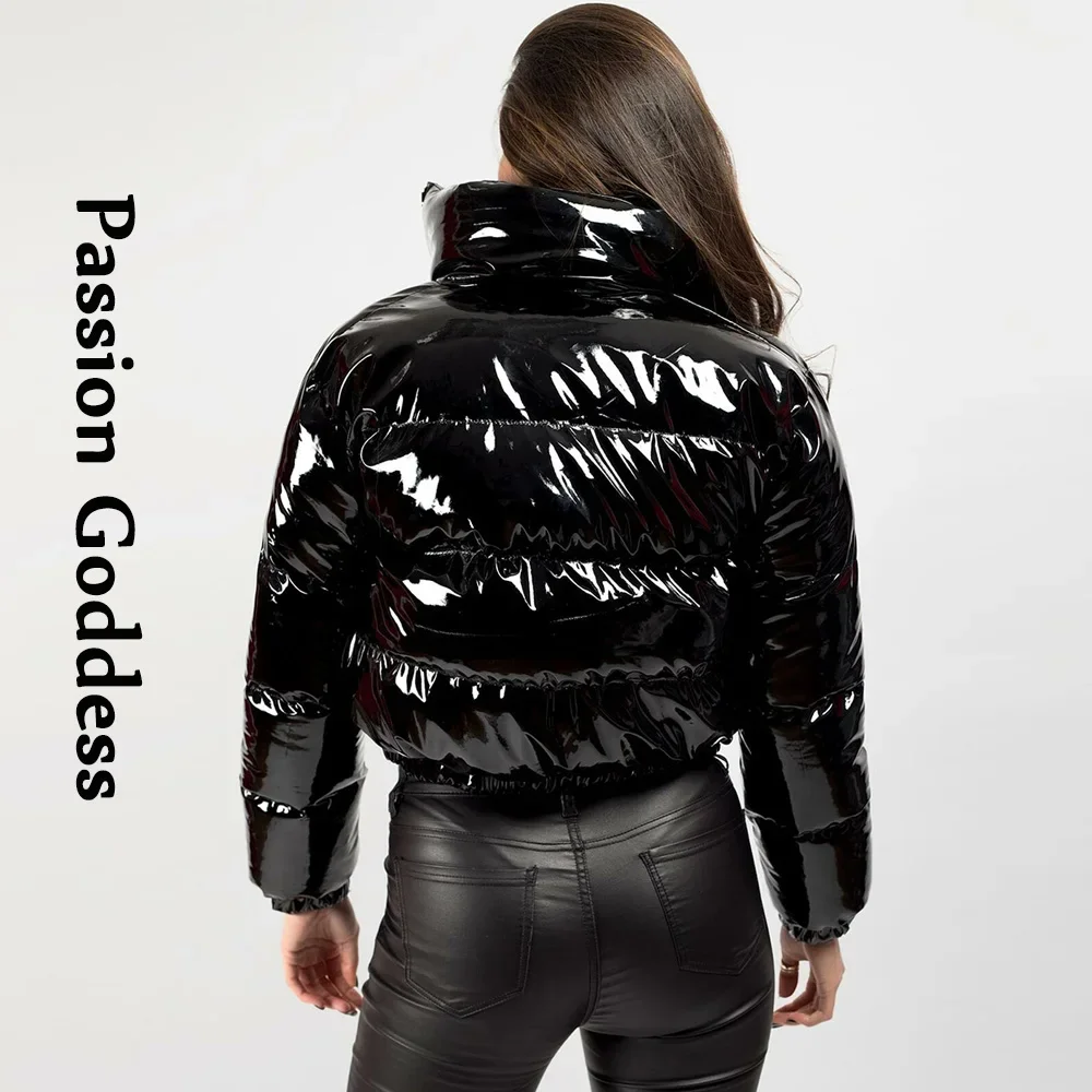 Winter Women Shiny Leather Puffer Jacket Cropped Parka Down Warm Thick Bubble Coats Black PU Leather Parkas Loose Zipper Jackets