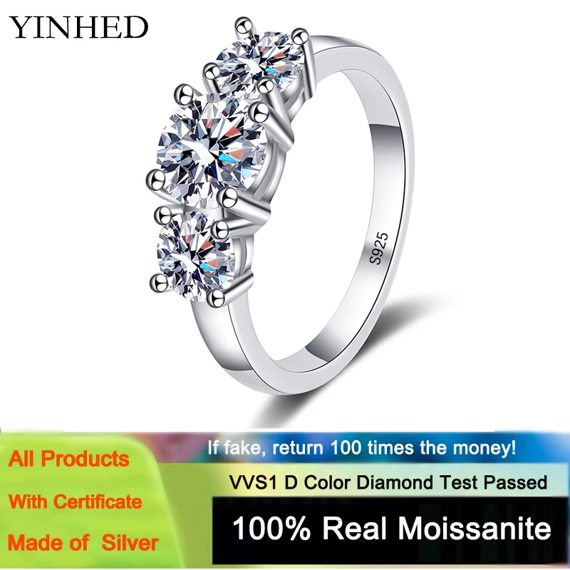 

YINHED Three Stones 2CT Moissanite Ring for Women Original 925 Sterling Silver Plating PT950 Platinum Fine Jewelry Wedding Gift