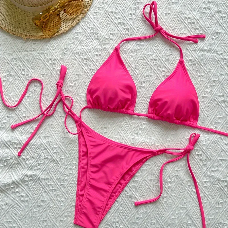 Traje de baño blanco y rosa con cuello Halter, Micro Tanga, conjunto de Bikinis de tres piezas, trajes de baño estampados para mujer, traje de baño con cordón, ropa de playa