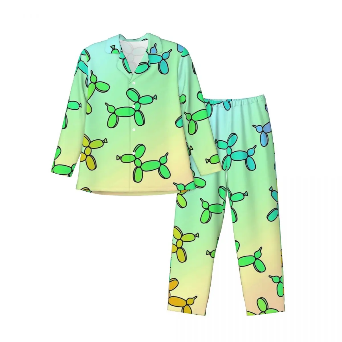 Bunter Ballon-Hunde-Druck-Pyjama für Herren, trendige Heim-Nachtwäsche, Frühling, 2-teiliges Pyjama-Set im Retro-Oversize-Design