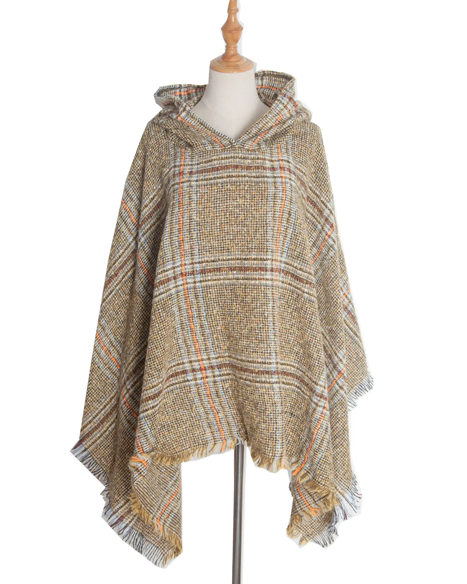 New Spring  Autumn Loop Yarn Barbed Hair Large Plaid Hooded Cape Fashion Street Poncho Lady Capes Yellow Cloaks