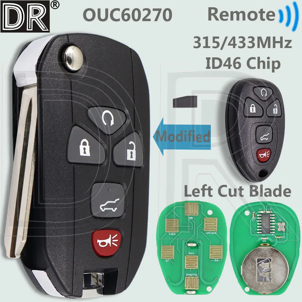 DR OUC60270 Modified 315/433MHz Flip Car Remote Key For Chevrolet Tahoe Traverse Buick GMC Acadia Yukon Savana Sierra 2007-2014