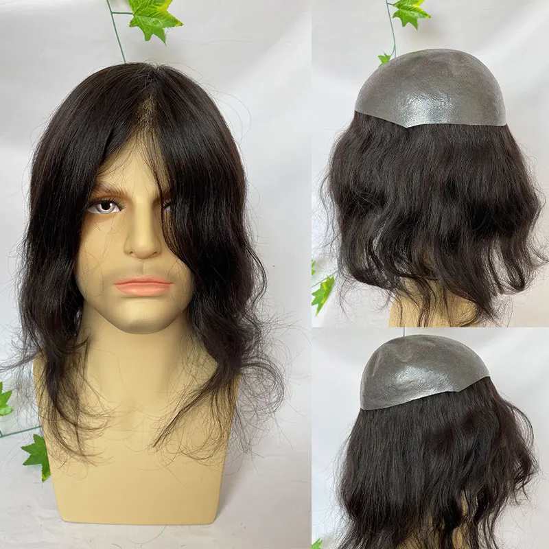 Long Wig for Men Natural Hairline Wig Full Skin PU Male Hair Toupee 100% Human Hair Piece 10x8 1B Color 12-14inch For Women Hair