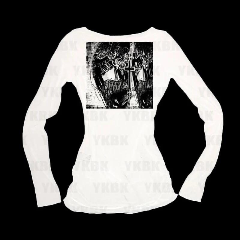 Harajuku Streetwear Frauen Mädchen Punk Lose Lange Hülse O-ansatz Nette Tees Mode Lässig Anime Druck Y2k T-shirts Ästhetischen Vintage
