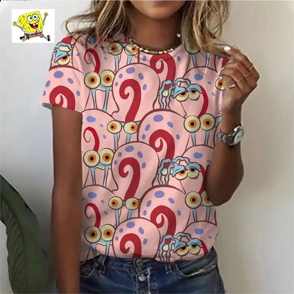 Fashionable and elegant ladies short-sleeved T-shirt 2024 Disney Spongebob cute 3D digital printed O-neck shirt