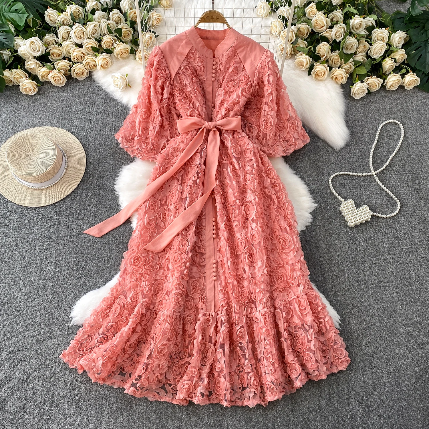 فستان أنيق ثلاثي الأبعاد بأكمام منتفخة على شكل زهرة للنساء فستان صيفي أنيق مكشكش للأميرة بمزاج متين #2