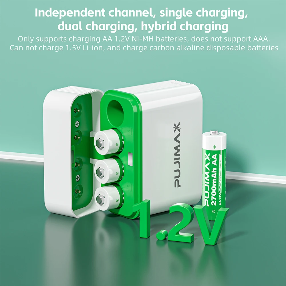PUJIMAX 4 Slots 1.2V Ni-MH/Ni-Cd Battery Charger Smart Charging Compartment for AA/AAA Rechargeable Batteries with Type C Cable