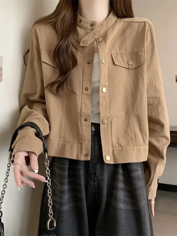 

Spring 2026 Women's Casual Loose Sle ort Jaet Top Slimming Stand Collar Versatile Outerwear Faionable Button Decoration